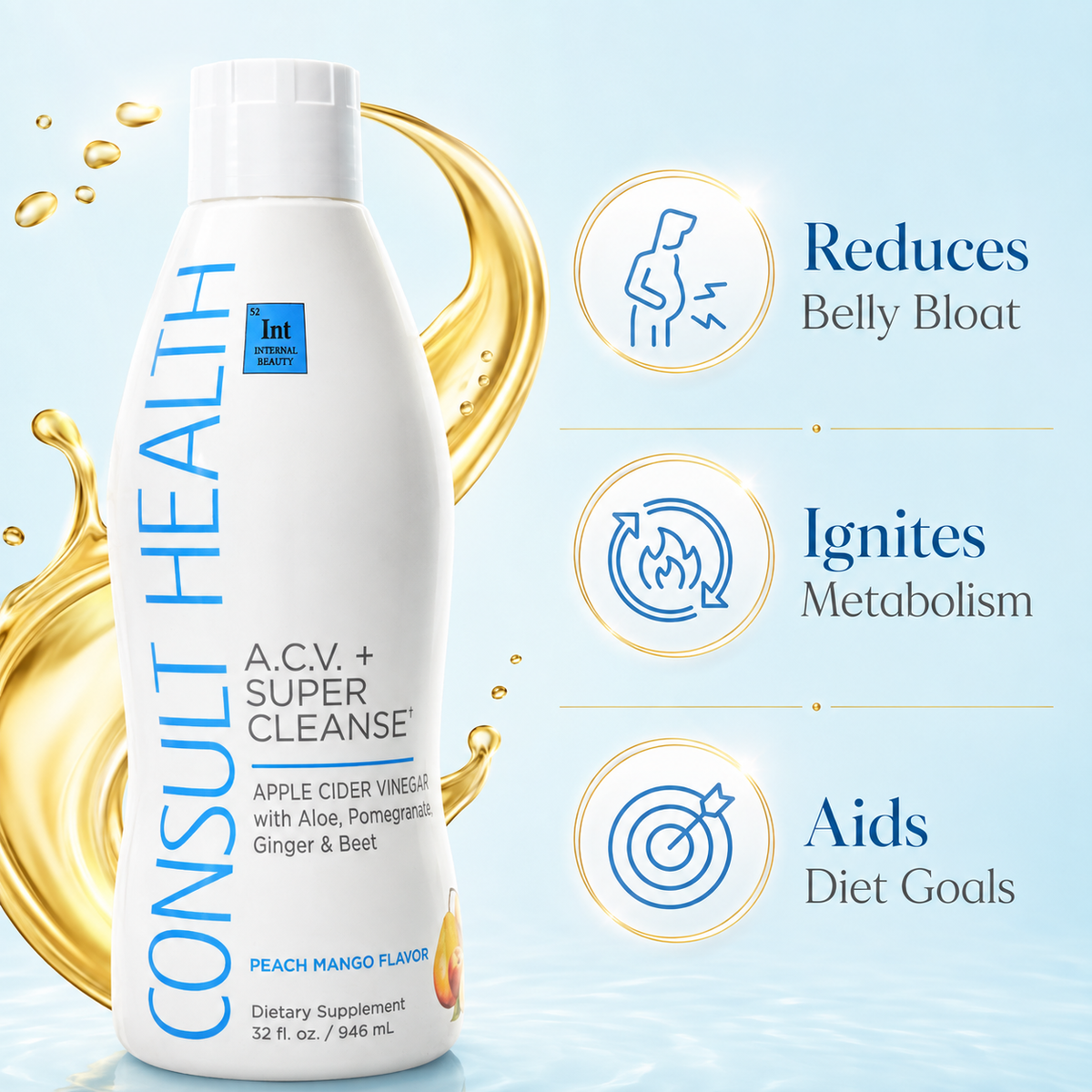 Consult Health ACV+ Super Cleanse apple cider vinegar liquid supplement by Dr. Terry Dubrow and Heather Dubrow with botanicals and fruit extracts for daily wellness.
