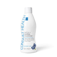 Consult Health ACV+ Super Cleanse apple cider vinegar liquid supplement by Dr. Terry Dubrow and Heather Dubrow with botanicals and fruit extracts for daily wellness.
