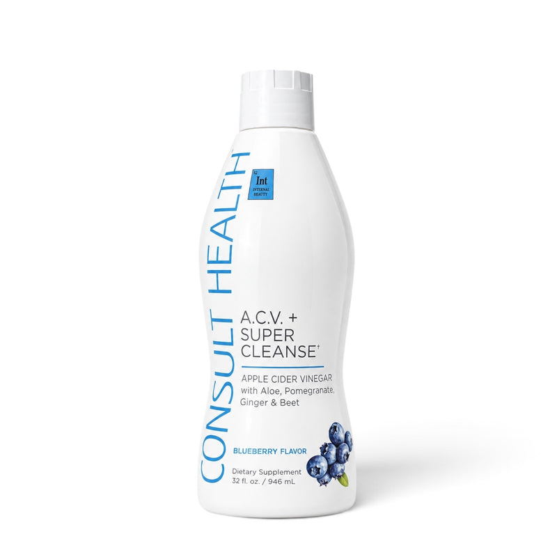 Consult Health ACV+ Super Cleanse apple cider vinegar liquid supplement by Dr. Terry Dubrow and Heather Dubrow with botanicals and fruit extracts for daily wellness.
