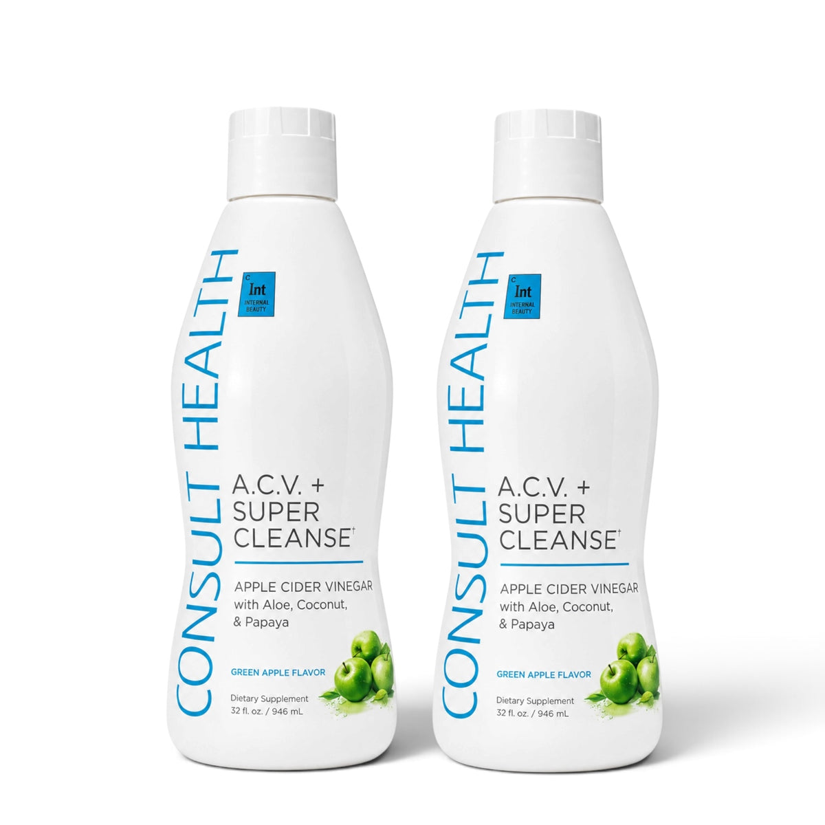 Consult Health ACV+ Super Cleanse apple cider vinegar liquid supplement by Dr. Terry Dubrow and Heather Dubrow with botanicals and fruit extracts for daily wellness.
