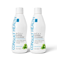 Consult Health ACV+ Super Cleanse apple cider vinegar liquid supplement by Dr. Terry Dubrow and Heather Dubrow with botanicals and fruit extracts for daily wellness.
