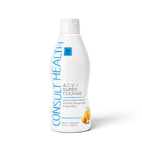 Consult Health ACV+ Super Cleanse apple cider vinegar liquid supplement by Dr. Terry Dubrow and Heather Dubrow with botanicals and fruit extracts for daily wellness.
