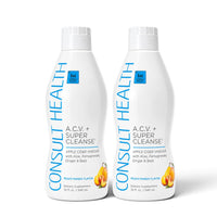 Consult Health ACV+ Super Cleanse apple cider vinegar liquid supplement by Dr. Terry Dubrow and Heather Dubrow with botanicals and fruit extracts for daily wellness.

