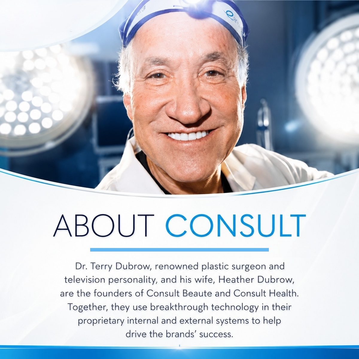 Promotional graphic with a close-up portrait of smiling Dr. Terry Dubrow wearing a surgical headlamp, above the text 'ABOUT CONSULT' and a paragraph describing him and his wife, Heather Dubrow, as founders of Consult Beaute and Consult Health.