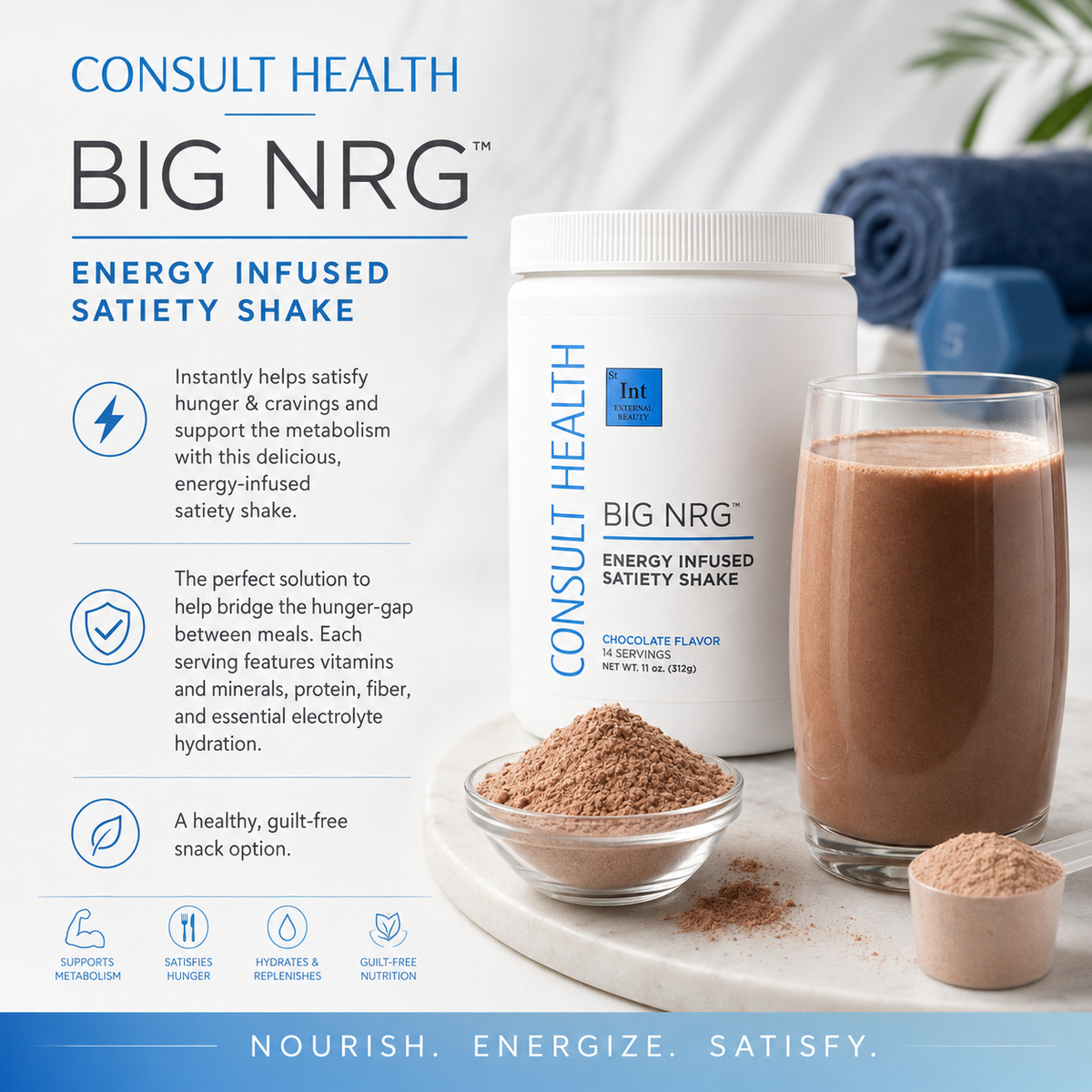 BIG NRG Satiety Shake nutritional meal replacement shake formulated to support fullness, appetite control, and sustained energy.