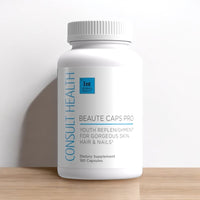 Consult Health Beaute Caps Pro by Dr. Terry Dubrow and Heather Dubrow, a premium beauty supplement designed to support healthy hair, skin and nails.
