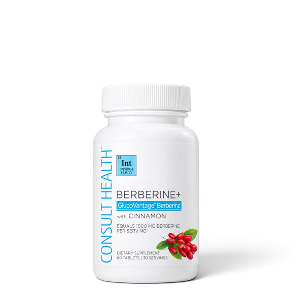 Consult Health Berberine+ with GlucoVantage® advanced highly bioavailable berberine, cinnamon, banaba and chromium nicotinate for daily metabolic, glucose, weight and cardiovascular wellness support.