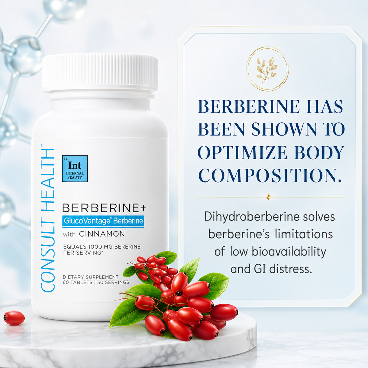 Consult Health Berberine+ with GlucoVantage® advanced highly bioavailable berberine, cinnamon, banaba and chromium nicotinate for daily metabolic, glucose, weight and cardiovascular wellness support.