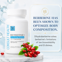Consult Health Berberine+ with GlucoVantage® advanced highly bioavailable berberine, cinnamon, banaba and chromium nicotinate for daily metabolic, glucose, weight and cardiovascular wellness support.