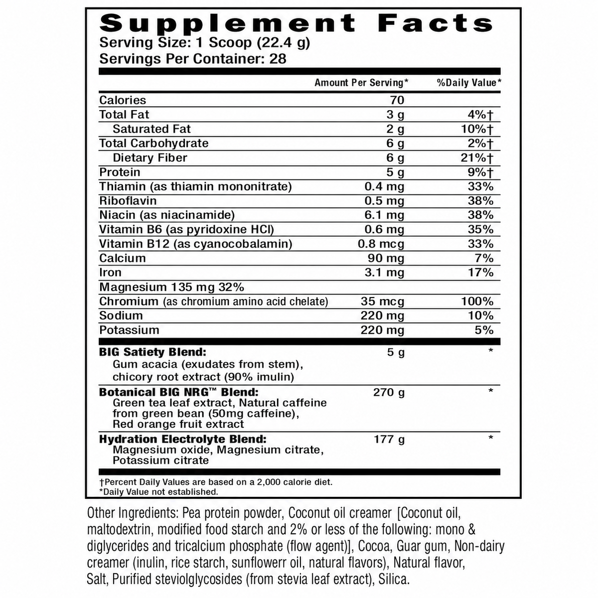 BIG NRG Satiety Shake nutritional meal replacement shake formulated to support fullness, appetite control, and sustained energy.