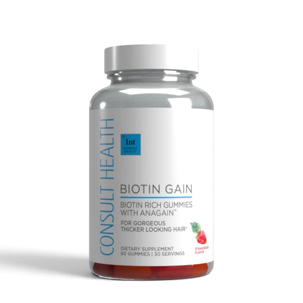 Consult Health Biotin Gain supplement for daily beauty support, helping promote healthy-looking hair, skin and nails with convenient biotin nutrition.
