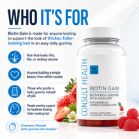 Consult Health Biotin Gain supplement for daily beauty support, helping promote healthy-looking hair, skin and nails with convenient biotin nutrition.
