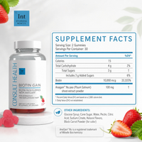 Consult Health Biotin Gain supplement for daily beauty support, helping promote healthy-looking hair, skin and nails with convenient biotin nutrition.
