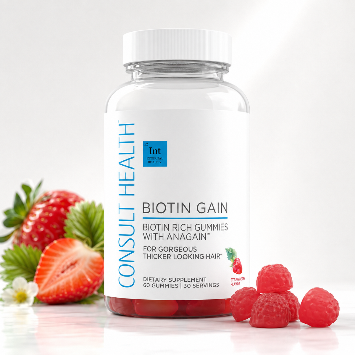 Consult Health Biotin Gain supplement for daily beauty support, helping promote healthy-looking hair, skin and nails with convenient biotin nutrition.