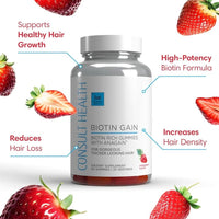 Consult Health Biotin Gain supplement for daily beauty support, helping promote healthy-looking hair, skin and nails with convenient biotin nutrition.