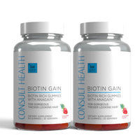 Consult Health Biotin Gain supplement for daily beauty support, helping promote healthy-looking hair, skin and nails with convenient biotin nutrition.