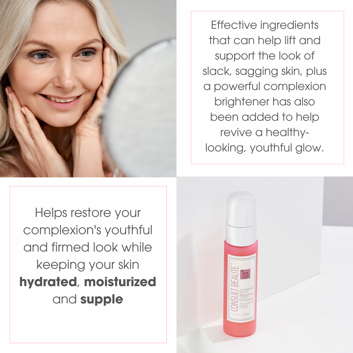 Woman with smooth skin next to a bottle of champagne concentrate with text about its benefits.  Consult Beaute by Dr Terry Dubrow and Heather Dubrow.