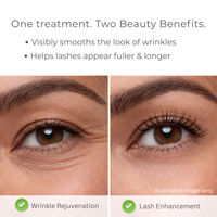 Illustrative image showing eye with wrinkles on left and improved appearance on right, with text about beauty benefits.  Copperum 29 eye treatment tube on a white background.  Copper.  Lash Enhancing Peptides.  Consult Beaute by Dr Terry Dubrow and Heather Dubrow.