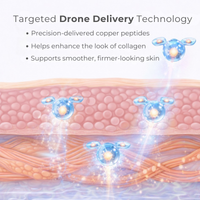 Illustration of targeted drone delivery technology in skin with text about precision-delivered copper peptides.  Copperum 29 eye treatment tube on a white background.  Copper.  Lash Enhancing Peptides.  Consult Beaute by Dr Terry Dubrow and Heather Dubrow.