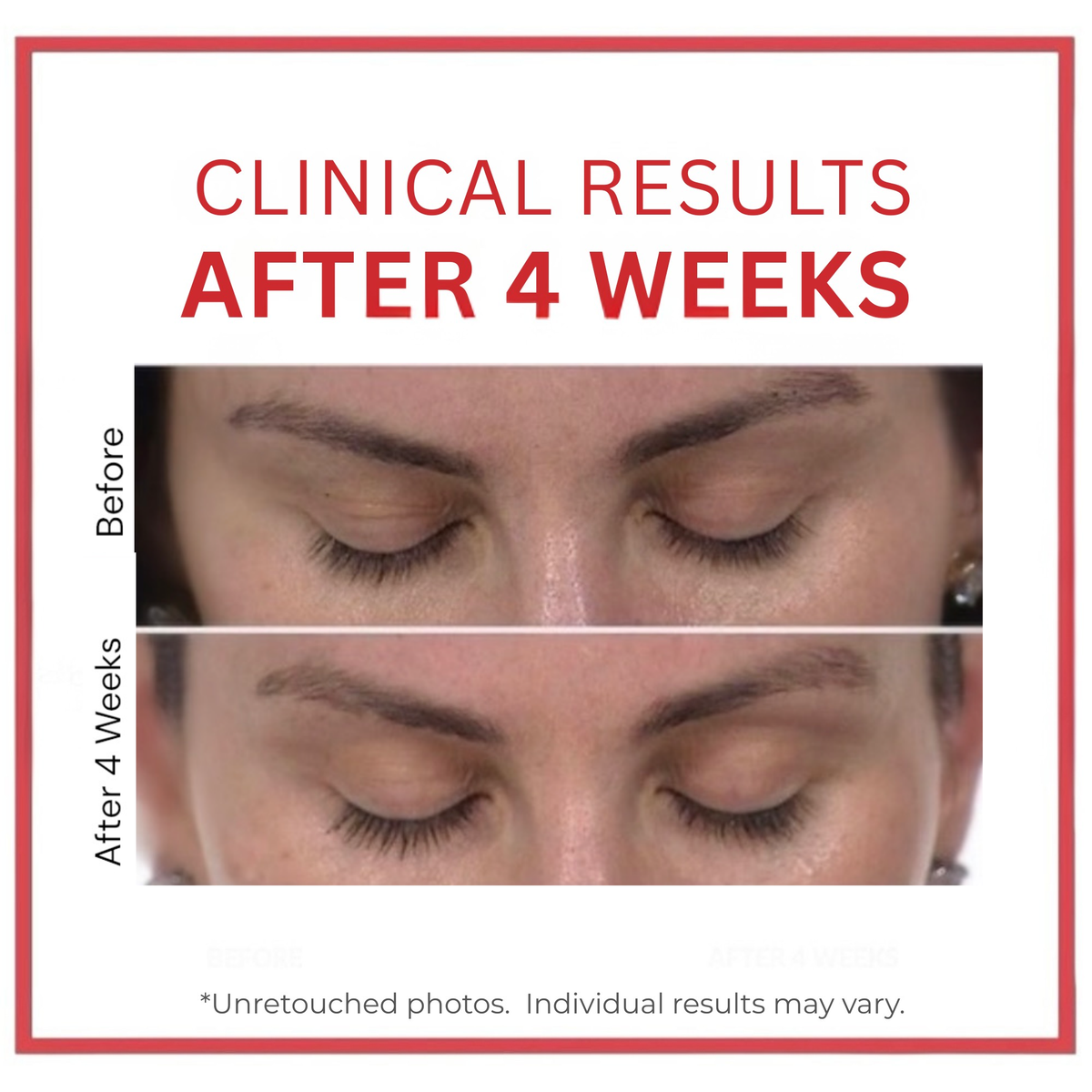 Before and after comparison of eyebrows with text indicating clinical results after 4 weeks.  Copperum 29 eye treatment tube on a white background.  Copper.  Lash Enhancing Peptides.  Consult Beaute by Dr Terry Dubrow and Heather Dubrow.