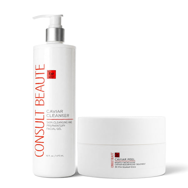 Consult Beaute Caviar Cleanser + Caviar Peel Duo with enzymatic caviar and nightly resurfacing discs to cleanse, gently exfoliate, smooth texture and brighten the complexion.
