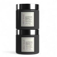 Two black jars of Champagne Beaute Lift body crème on a white background.  Firming Body Crème by Dr Terry Dubrow and Heather Dubrow.  Original.  Rose.  Vanilla.  Santal.  Unscented.  Singles and Duos.  Buy More Save More.  Lifting Firming Body Cream.  Pink Pepperslim.  Before and After.  Visible Results.  Sculpt and Contour the body with new elasticity and hydration.  Erase Crepiness.  Slimming Effect.  