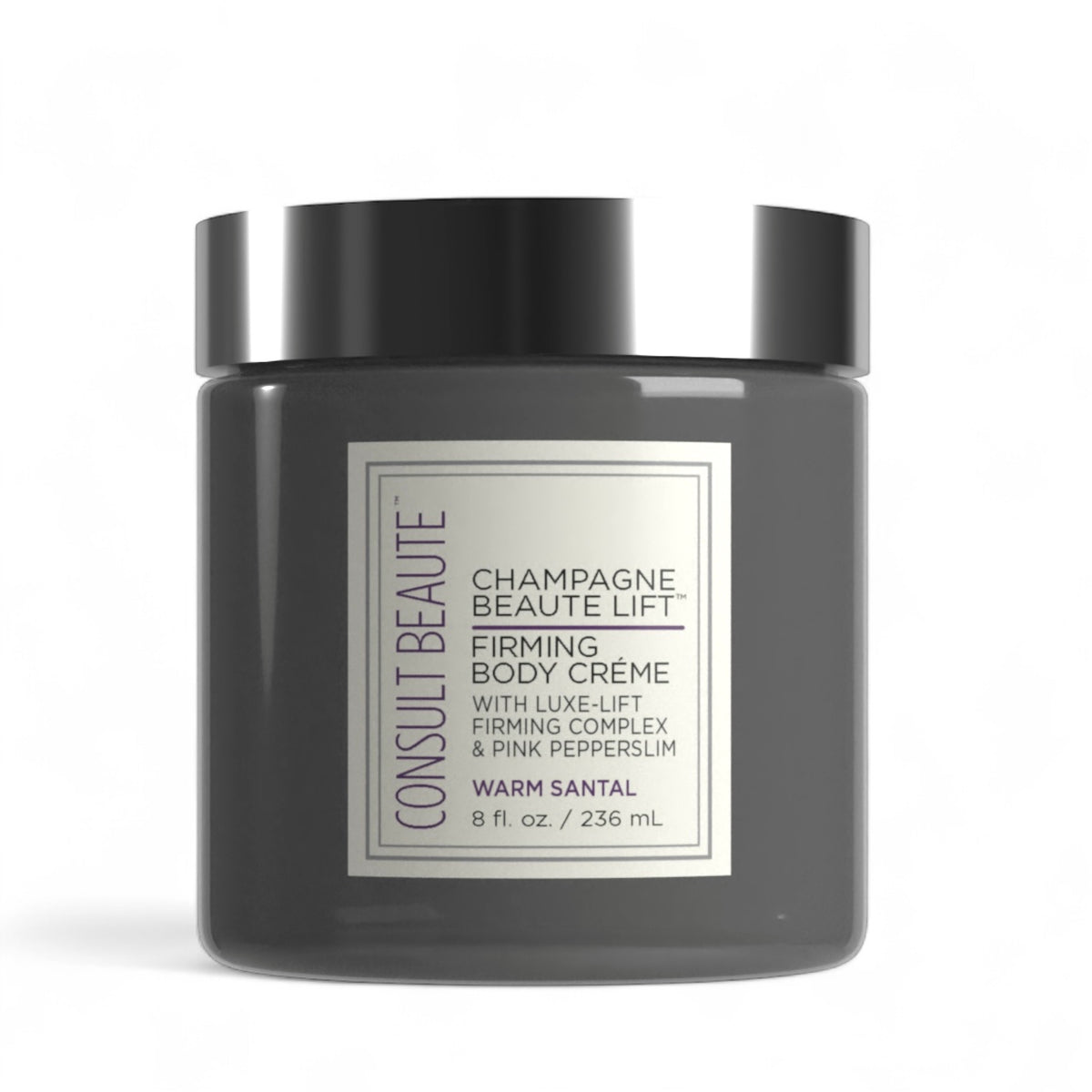 Black jar of Consult Beaute firming body crème with a white label on a white background.  Firming Body Crème by Dr Terry Dubrow and Heather Dubrow.  Original.  Rose.  Vanilla.  Santal.  Unscented.  Singles and Duos.  Buy More Save More.  Lifting Firming Body Cream.  Pink Pepperslim.  Before and After.  Visible Results.  Sculpt and Contour the body with new elasticity and hydration.  Erase Crepiness.  Slimming Effect.  