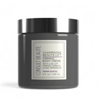 Black jar of Consult Beaute firming body crème with a white label on a white background.  Firming Body Crème by Dr Terry Dubrow and Heather Dubrow.  Original.  Rose.  Vanilla.  Santal.  Unscented.  Singles and Duos.  Buy More Save More.  Lifting Firming Body Cream.  Pink Pepperslim.  Before and After.  Visible Results.  Sculpt and Contour the body with new elasticity and hydration.  Erase Crepiness.  Slimming Effect.  