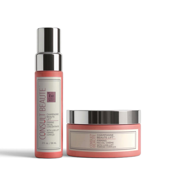 Consult Beaute Champagne Lift Duo firming facial skincare set with firming concentrate, crème, and eye treatment for lifted, hydrated, youthful-looking skin.