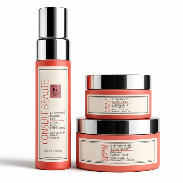 Consult Beaute Champagne Lift Trio firming facial skincare set with firming concentrate, crème, and eye treatment for lifted, hydrated, youthful-looking skin.