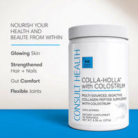 Consult Health Colla Holla collagen supplement to support healthy-looking skin, hair and nails while promoting joint health, mobility and overall wellness.