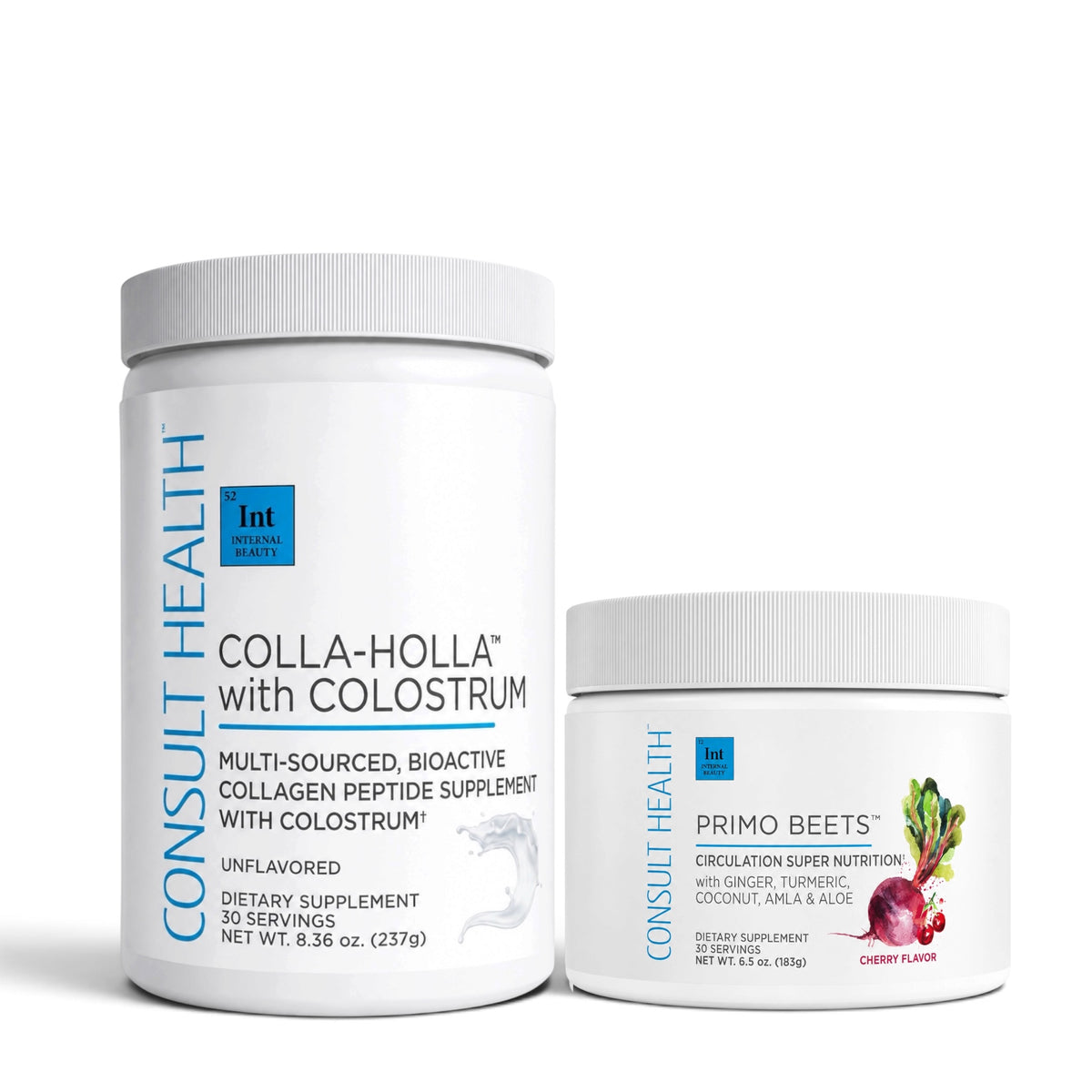 Consult Health Colla Holla™ with Colostrum + Primo Beets Duo to support collagen, skin hydration, healthy circulation, energy and everyday wellness.