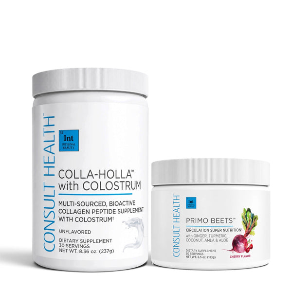 Consult Health Colla Holla™ with Colostrum + Primo Beets Duo to support collagen, skin hydration, healthy circulation, energy and everyday wellness.