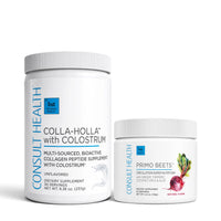 Consult Health Colla Holla™ with Colostrum + Primo Beets Duo to support collagen, skin hydration, healthy circulation, energy and everyday wellness.