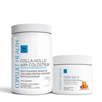 Consult Health Colla Holla™ with Colostrum + Primo Beets Duo to support collagen, skin hydration, healthy circulation, energy and everyday wellness.