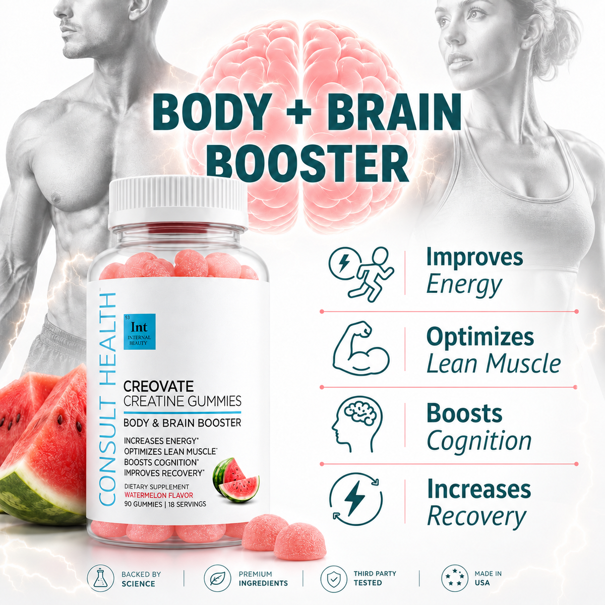 Consult Health Creovate™ Creatine Gummies for convenient daily creatine support, muscle performance, strength, energy and active lifestyle wellness.