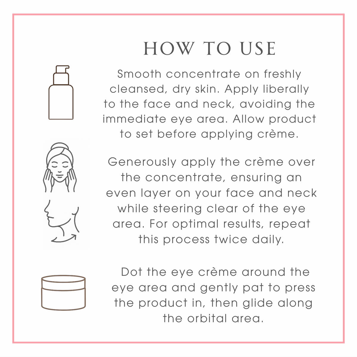 Instructions on how to use the Champagne Trio product with icons and text.  Consult Beaute by Dr Terry Dubrow and Heather Dubrow