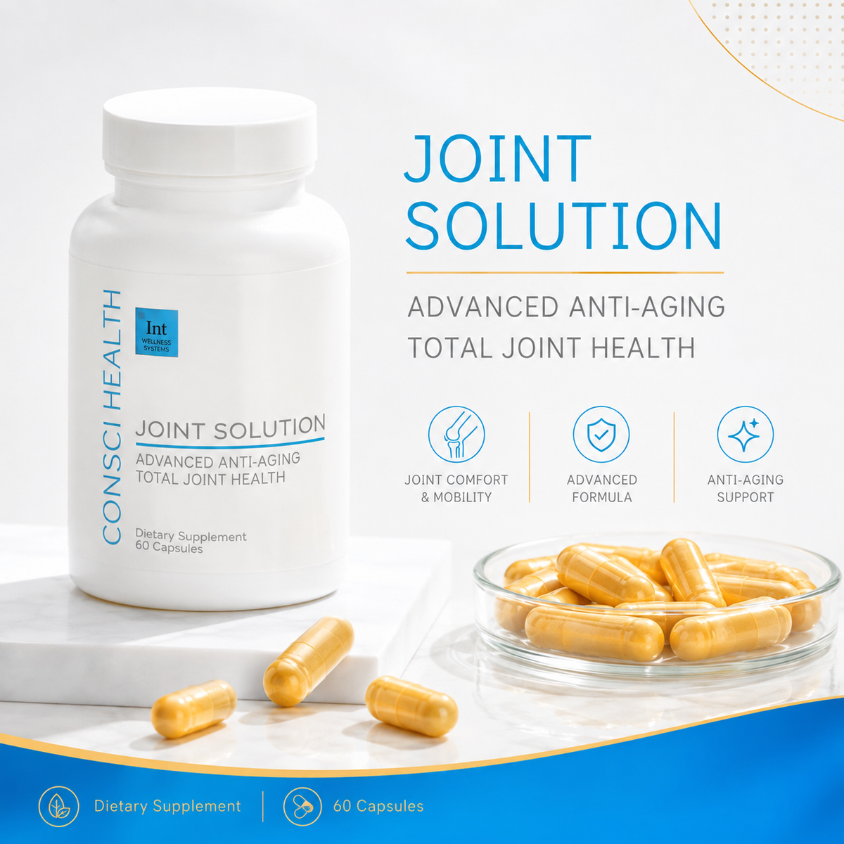 Consult Health's Joint Solution joint support supplement bottle designed to promote healthy joints, cartilage, flexibility, mobility, and everyday comfort.