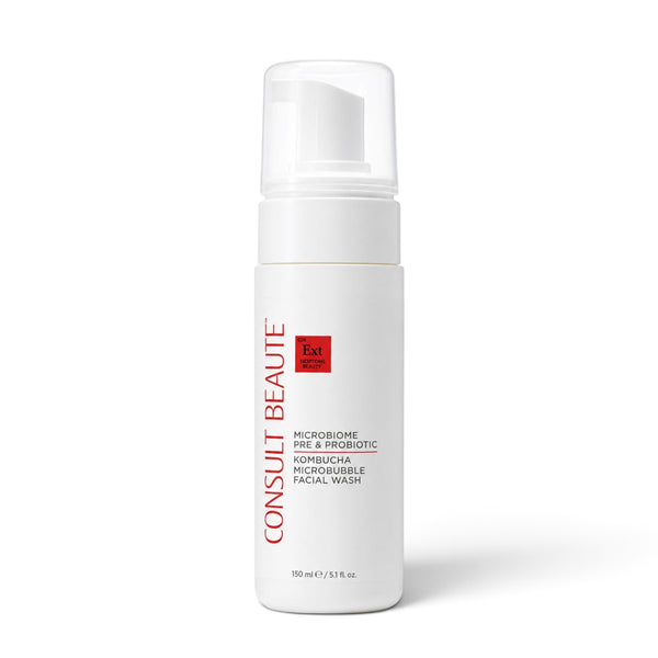 Consult Beaute Microbiome Pre-Probiotic Kombucha Microbubble Facial Wash with kombucha microbubbles and prebiotic probiotic skincare to gently cleanse, balance and support the skin’s moisture barrier.