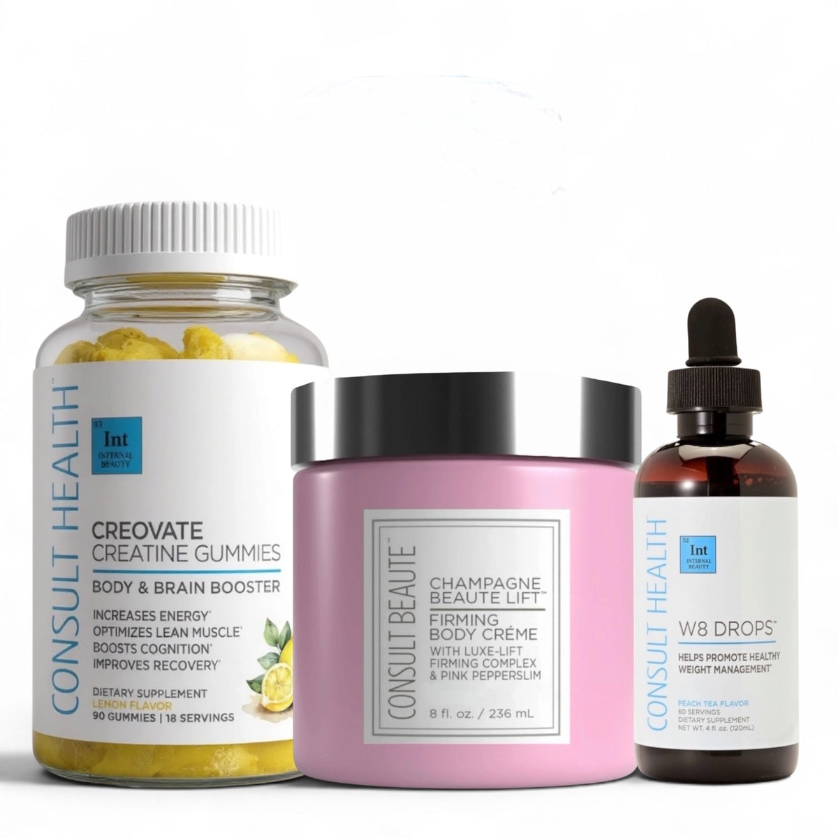 Three health and beauty products from Consult Health on a white background.  3-piece wellness bundle: creatine gummies for energy, firming body crème for smoother skin, and W8 DROPS™ to support appetite control & weight goals.
