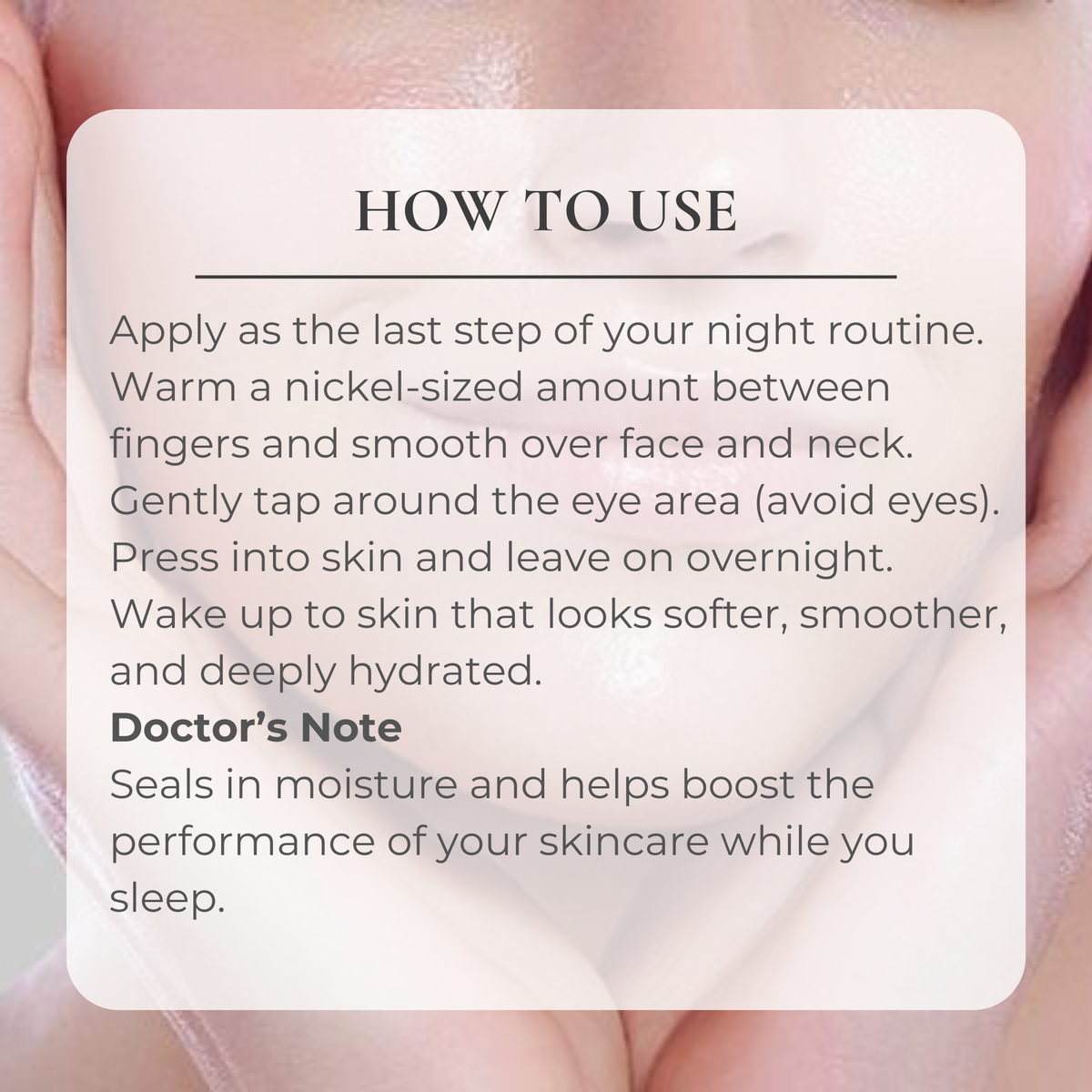 Instructions for using a skincare product with a close-up of skin.