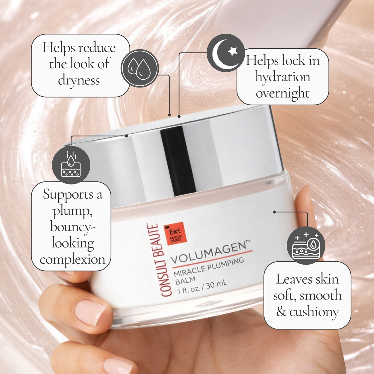 Volumagen cream jar held by a hand with text highlighting benefits