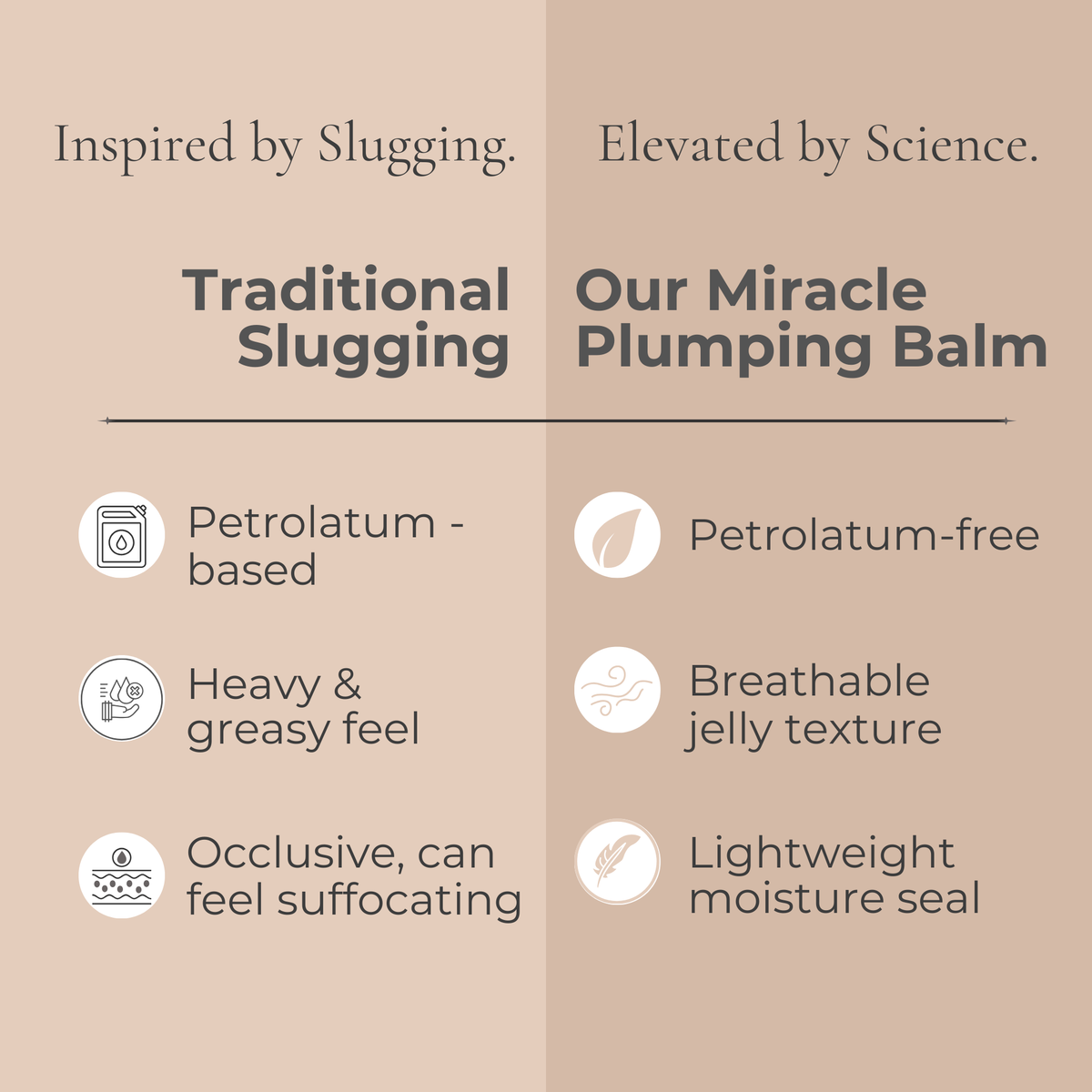Comparison chart between traditional slugging balm and our miracle plumping balm on a beige background.