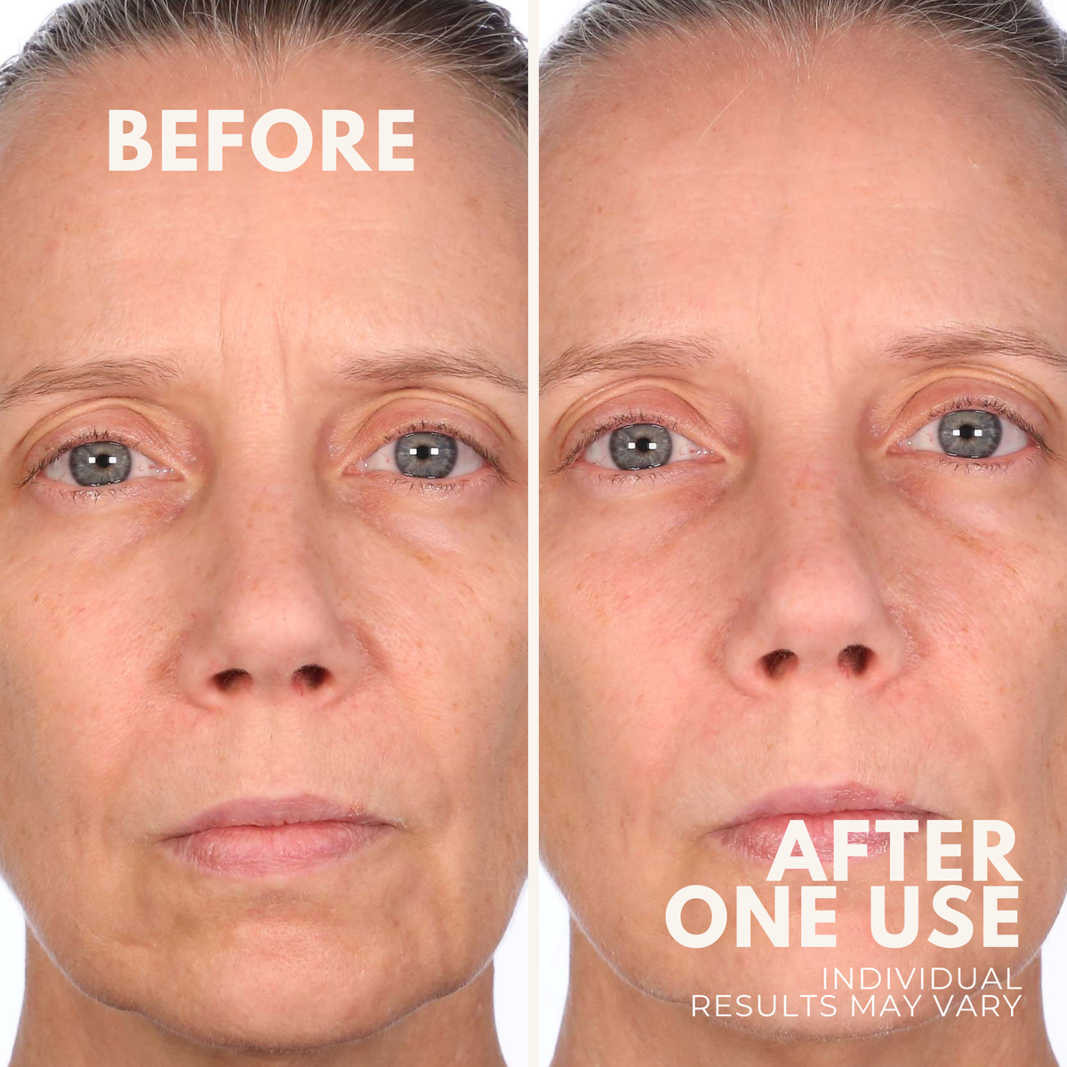 Before and after comparison of a woman's face with text indicating 'Before' and 'After one use'.