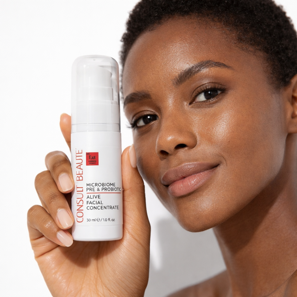 Woman holding a bottle of Microbiombe Concentrate. Consult Beaute branding on a white background.  Microbiombe Pre & Probiotic skincare.  Consult Beaute by Dr Terry Dubrow and Heather Dubrow