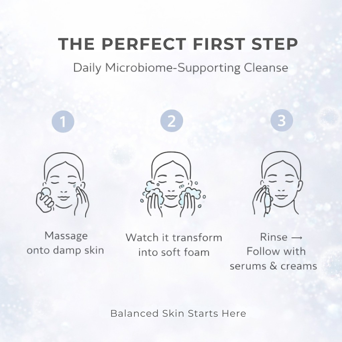 Consult Beaute Microbiome Pre-Probiotic Kombucha Microbubble Facial Wash with kombucha microbubbles and prebiotic probiotic skincare to gently cleanse, balance and support the skin’s moisture barrier.