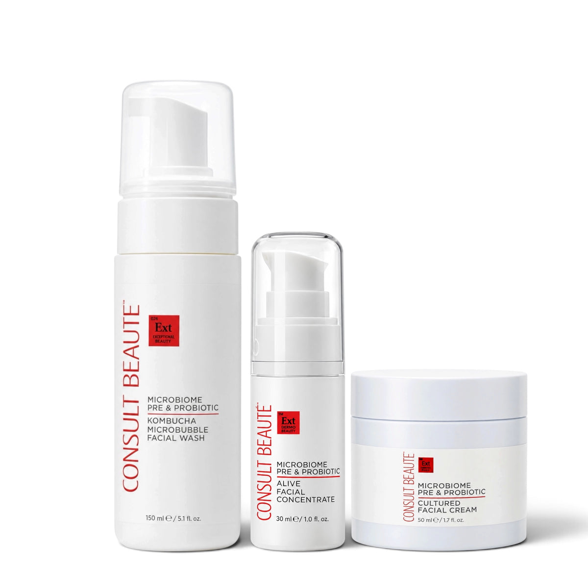 Consult Beaute Microbiome Facial Wash, Facial Concentrate and Facial Cream 3-piece skincare routine to gently cleanse, calm, hydrate and support balanced, radiant-looking skin.