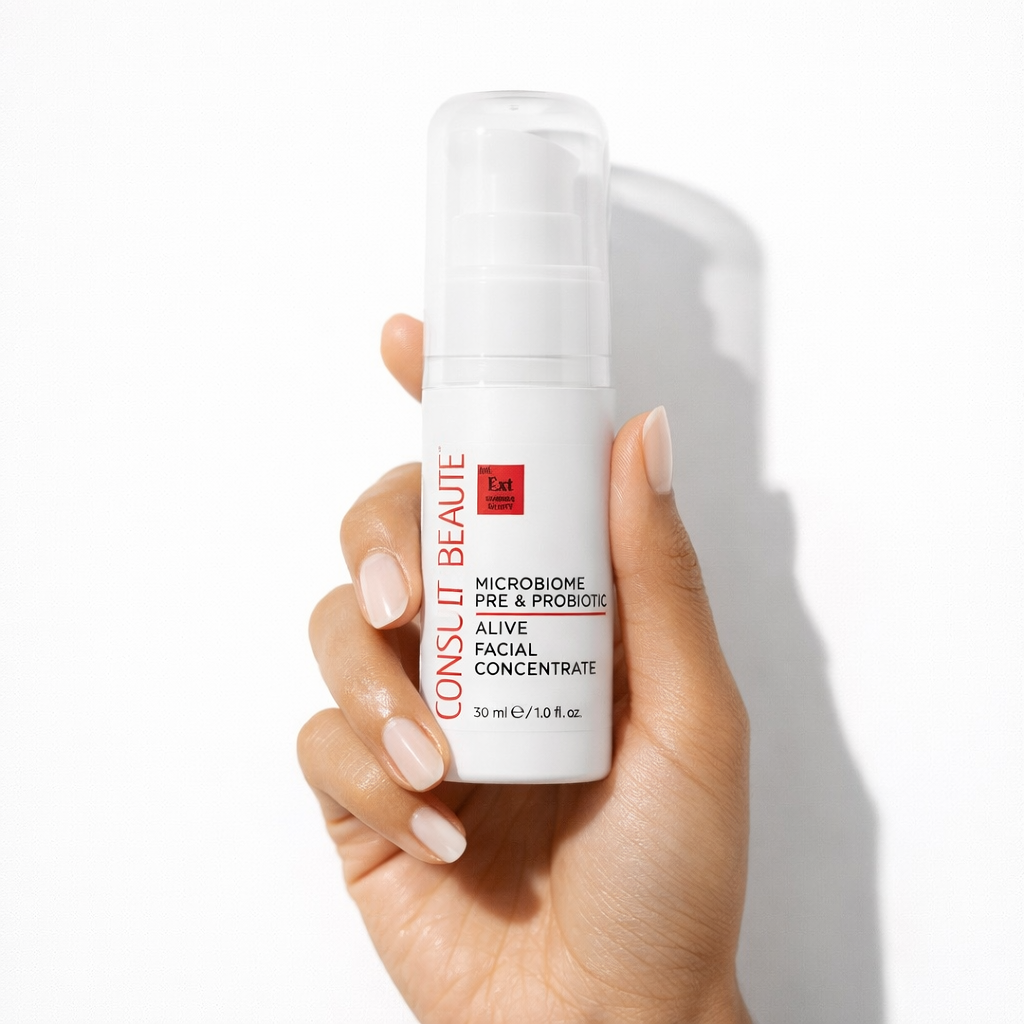 Hand holding a skincare product with 'Consul Beaute' branding on a white background.  Consult Beaute branding on a white background.  Microbiombe Pre & Probiotic skincare.  Consult Beaute by Dr Terry Dubrow and Heather Dubrow.