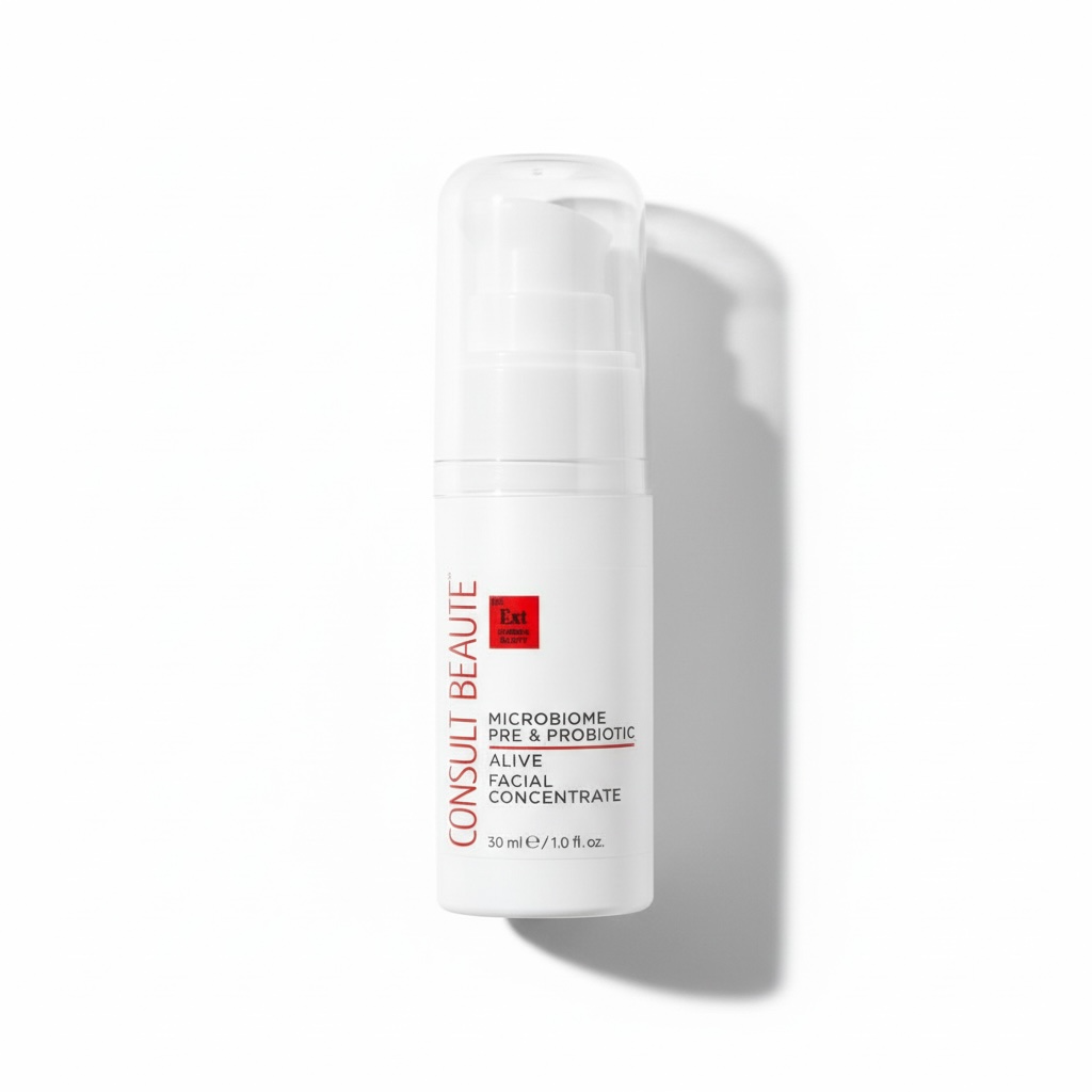 Skincare bottle with 'Consult Beaute' branding on a white background.  Consult Beaute branding on a white background.  Microbiombe Pre & Probiotic skincare.  Consult Beaute by Dr Terry Dubrow and Heather Dubrow.