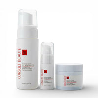 Consult Beaute Microbiome Pre & Probiotic skincare trio featuring Kombucha Microbubble Facial Wash, Alive Facial Concentrate. amd Cultured Facial Cream - designed to support the skin barrier.  Consult Beaute was developed by Dr Terry Dubrow and Heather Dubrow.  